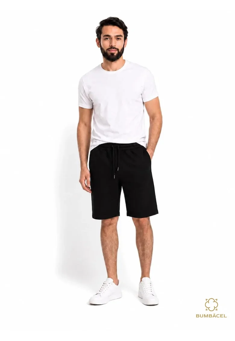 Pantaloni scurti barbati din bumbac pentru vara, cu buzunare si snur in talie, Negru