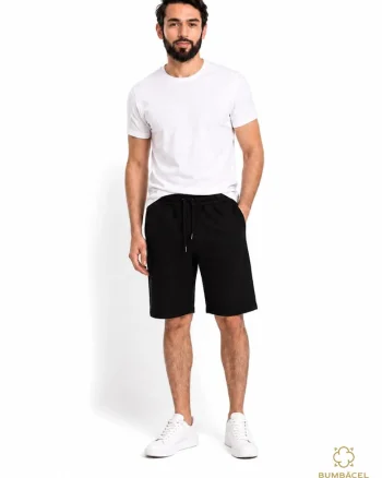 Pantaloni scurti barbati din bumbac pentru vara, cu buzunare si snur in talie, Negru