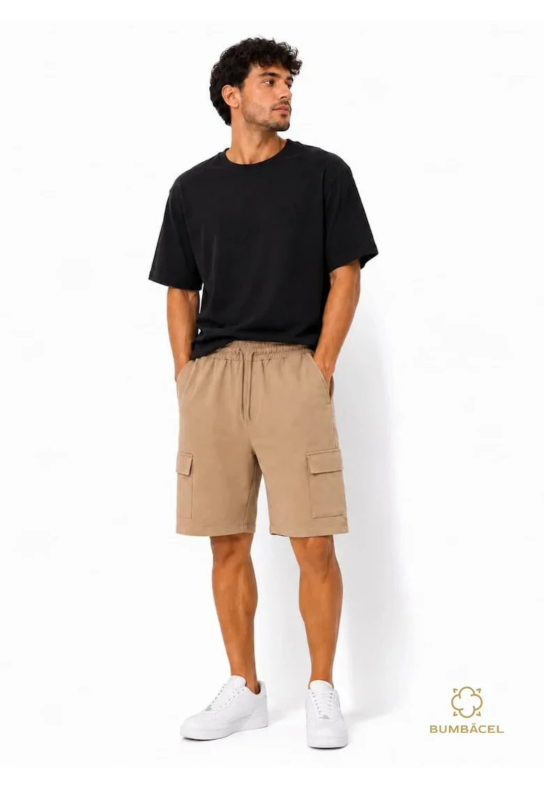 Pantaloni scurti casual, din bumbac, pentru barbati, cu snur in talie si buzunare, Maro