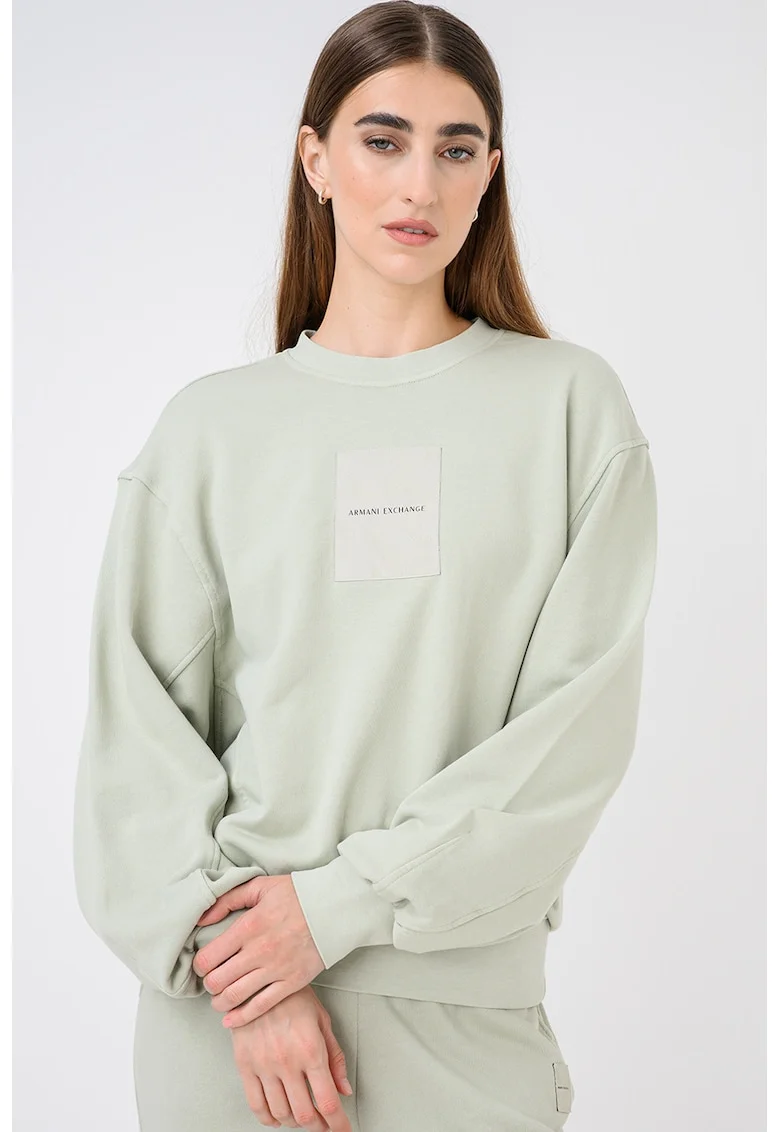 Bluza de trening cu decolteu la baza gatului si imprimeu logo, Verde deschis