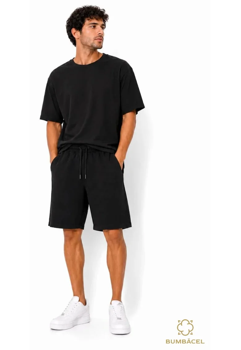 Pantaloni sport scurti pentru barbati, din bumbac, cu buzunare si snur in talie, Negru