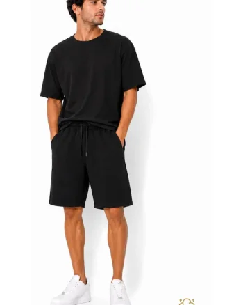 Pantaloni sport scurti pentru barbati, din bumbac, cu buzunare si snur in talie, Negru