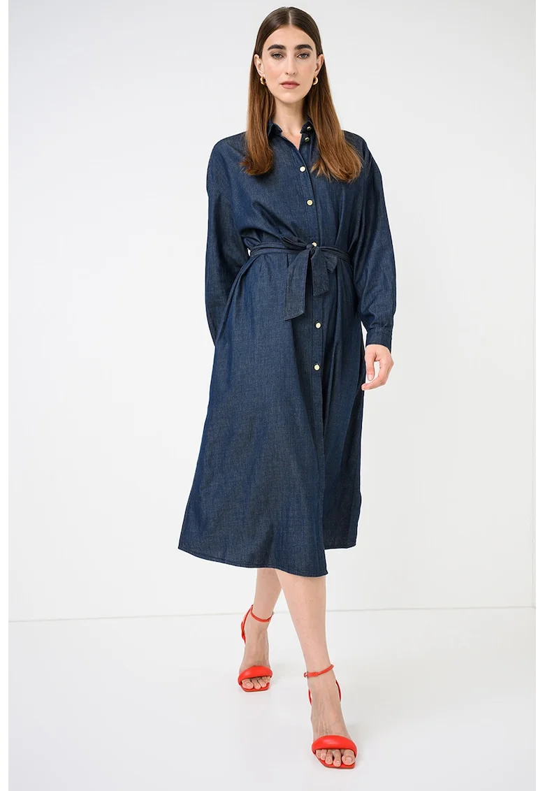 Rochie-camasa din denim cu cordon in talie, Albastru ultramarin
