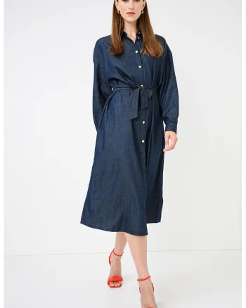 Rochie-camasa din denim cu cordon in talie, Albastru ultramarin