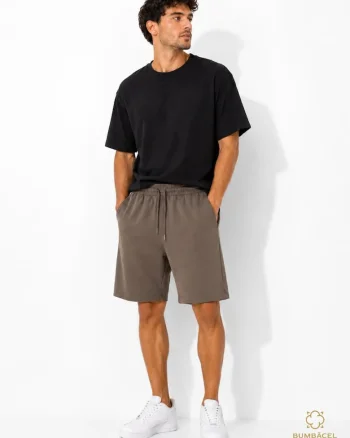 Pantaloni sport scurti pentru barbati, din bumbac, cu buzunare si snur in talie, Maro