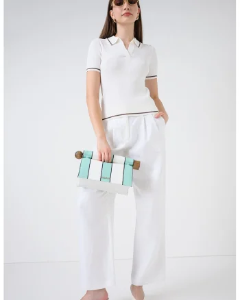 Pantaloni chino din in cu model uni, Alb