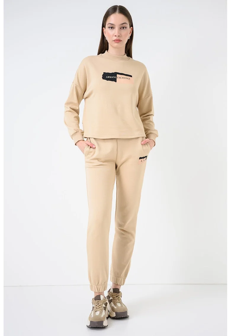 Bluza de trening cu imprimeu si maneci cazute, Bej