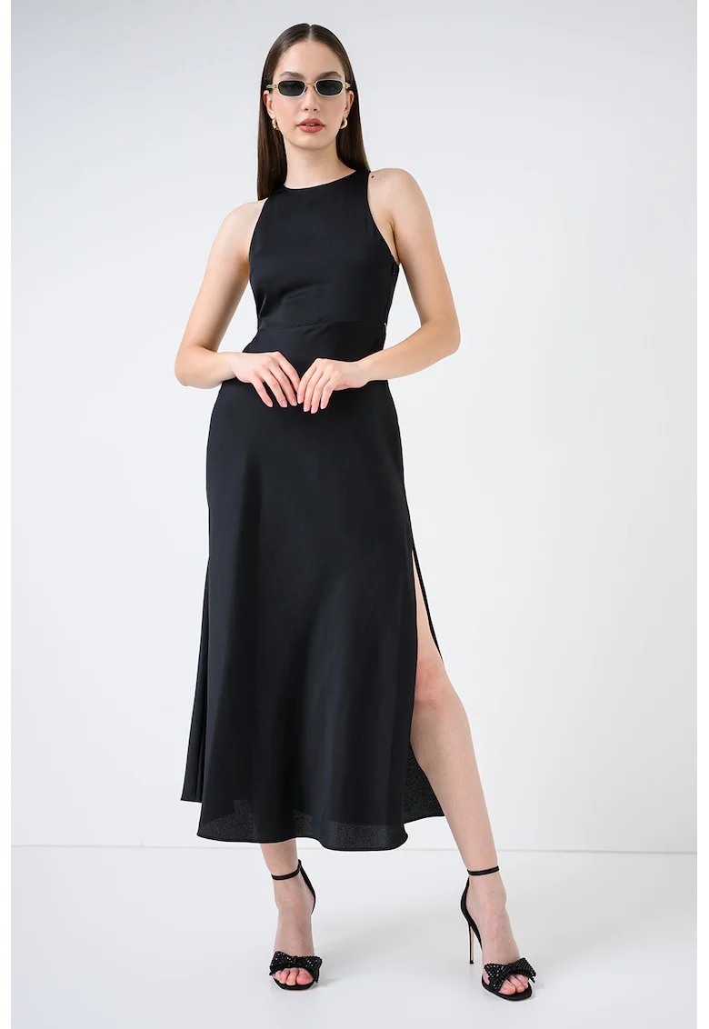 Rochie din satin cu detaliu cu lant, Negru