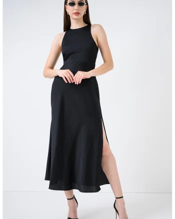 Rochie din satin cu detaliu cu lant, Negru