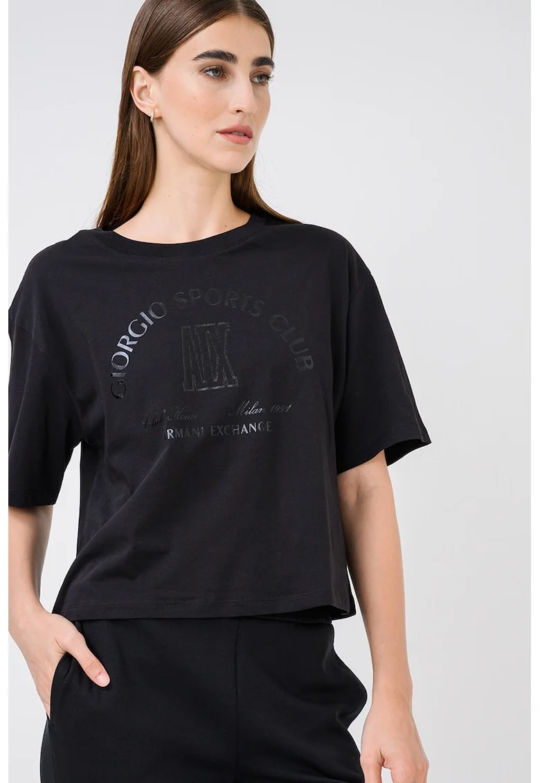 Tricou din bumbac cu imprimeu si maneci cazute, Negru