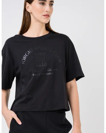 Tricou din bumbac cu imprimeu si maneci cazute, Negru