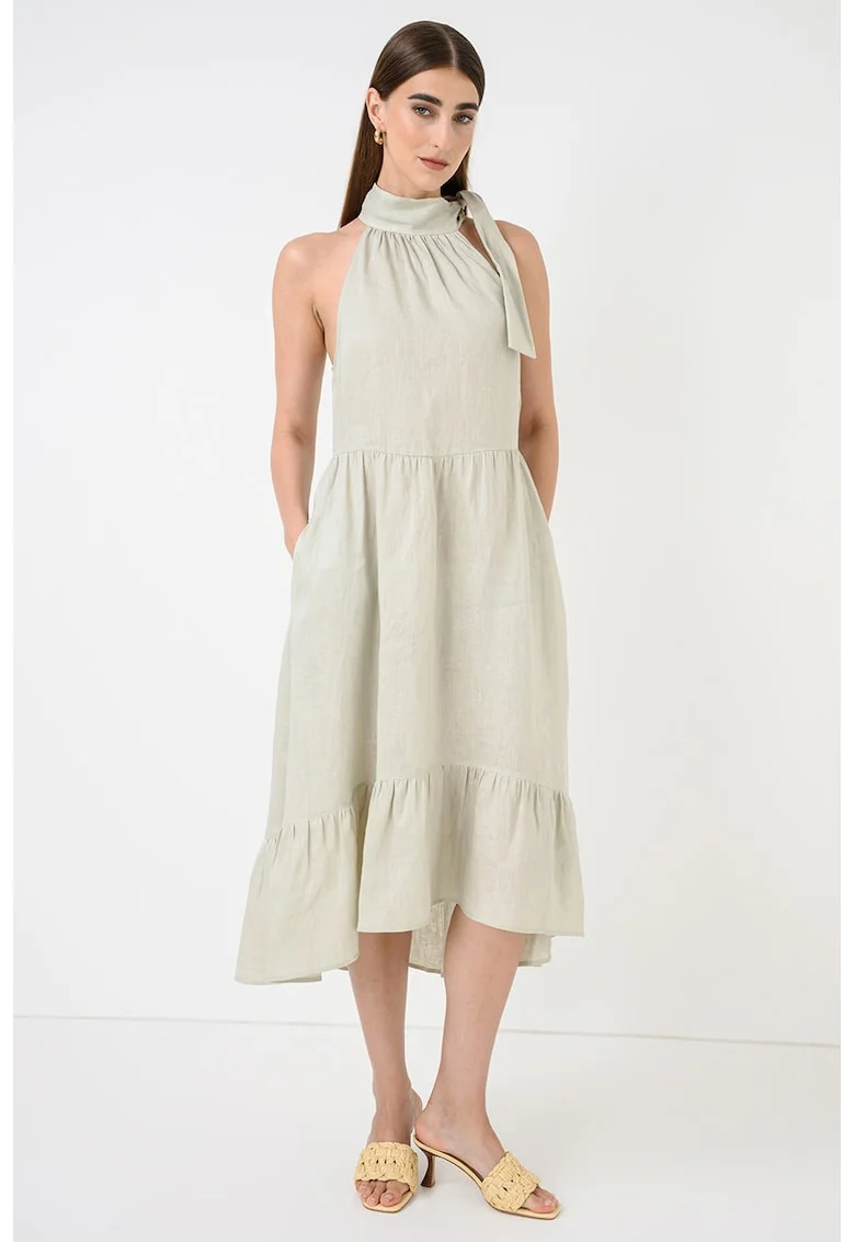 Rochie din in cu decolteu halter, Verde pastel
