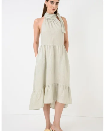 Rochie din in cu decolteu halter, Verde pastel
