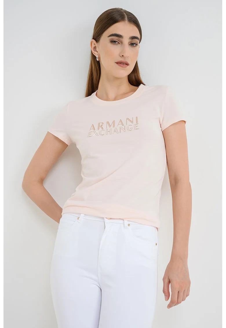 Tricou slim fit cu logo, Roz pastel
