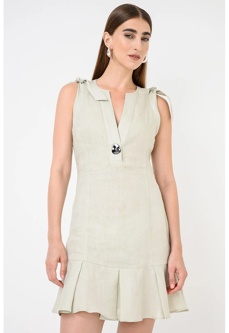 Rochie mini din in cu decolteu in V, Verde pastel