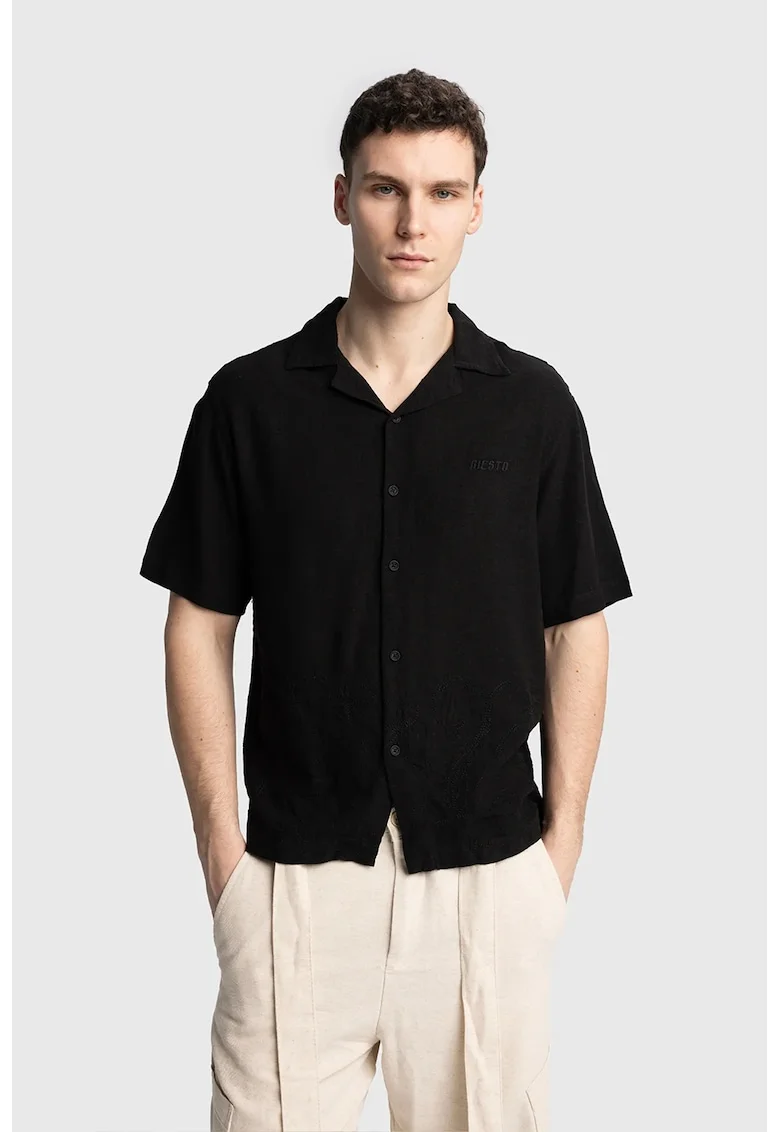 Camasa barbati  cu maneca scurta si broderie, Negru