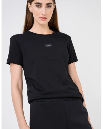 Tricou din bumbac cu decolteu la baza gatului, Negru