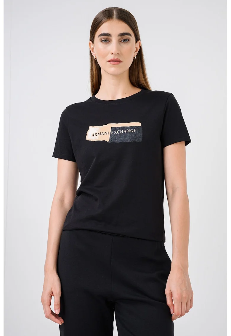 Tricou cu decolteu la baza gatului si imprimeu logo, Negru