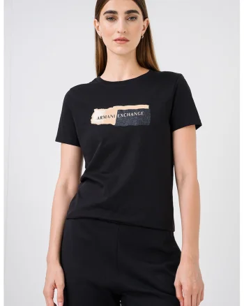 Tricou cu decolteu la baza gatului si imprimeu logo, Negru