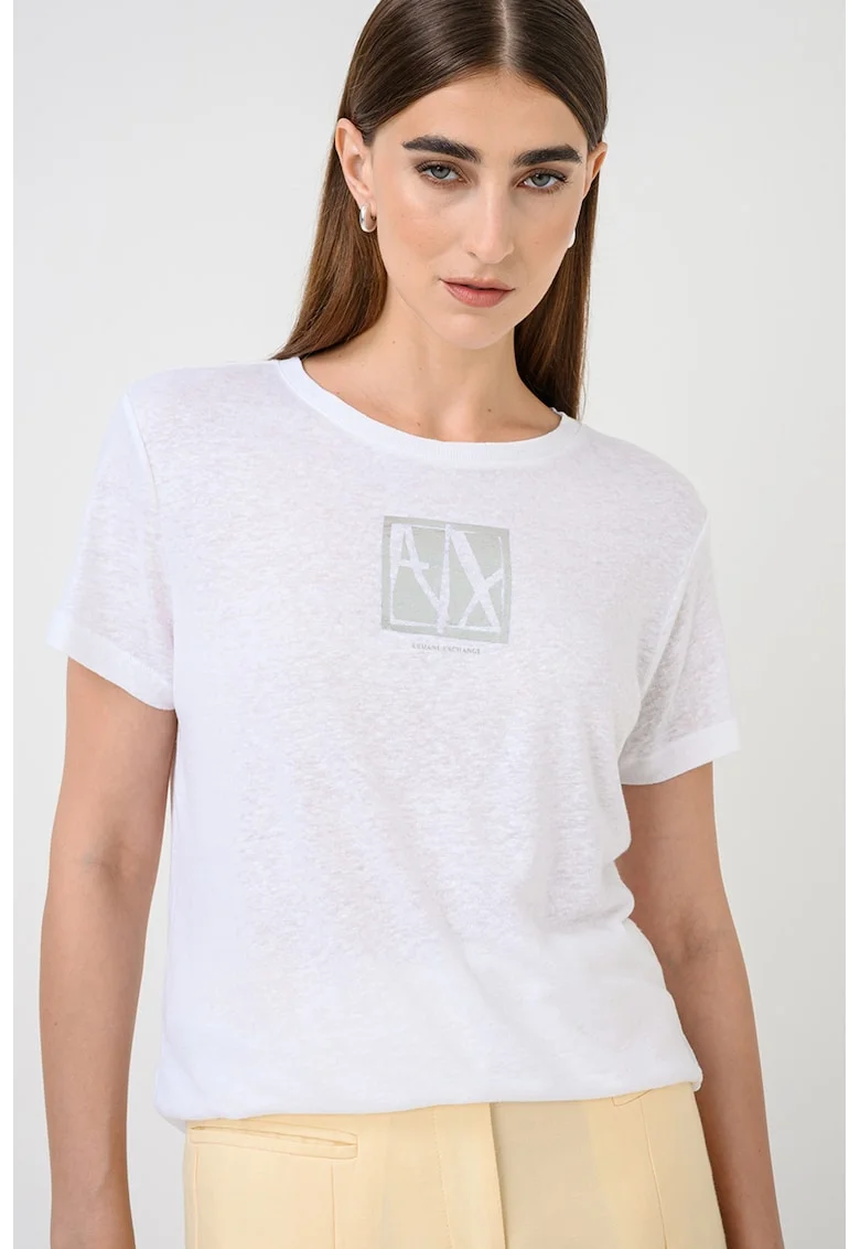 Tricou din amestec de in cu logo, Alb