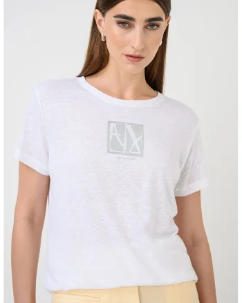 Tricou din amestec de in cu logo, Alb
