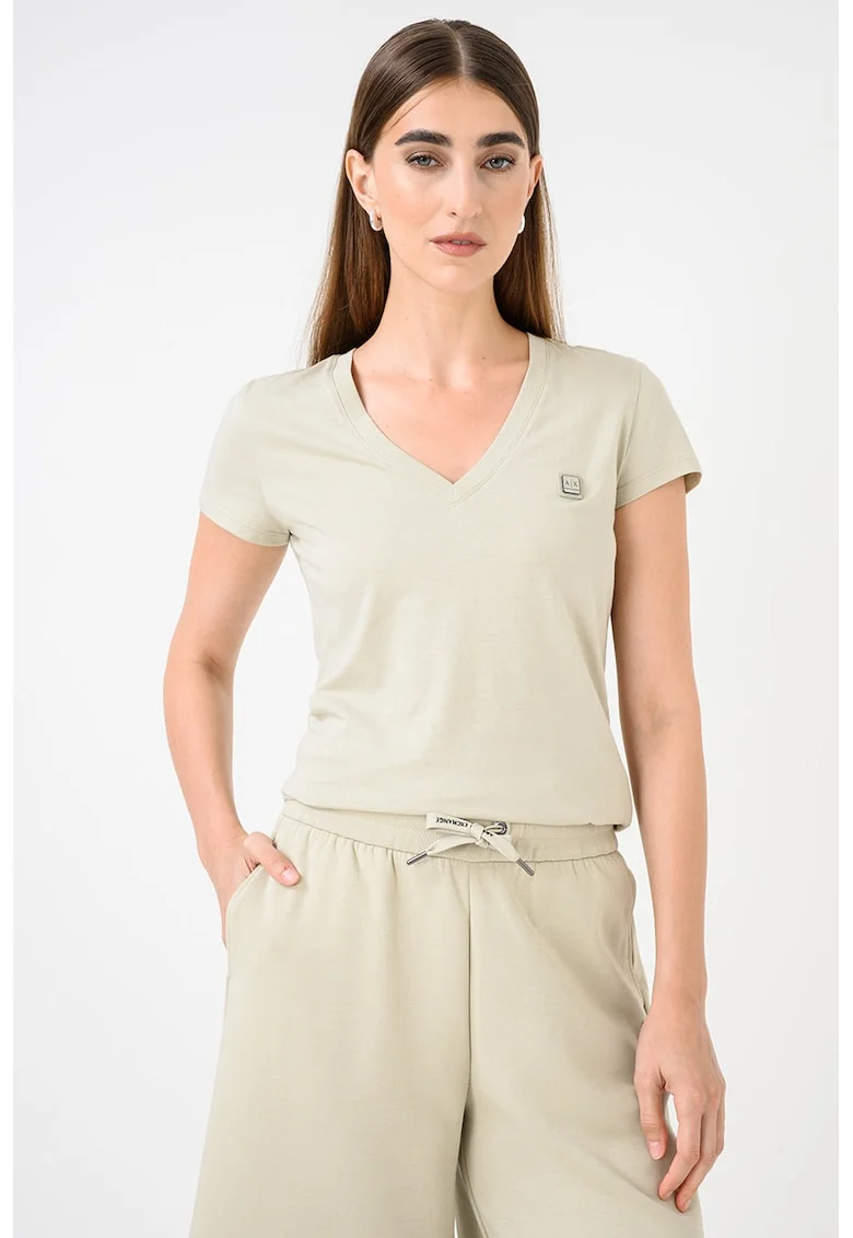 Tricou slim fit cu decolteu in V, Verde pastel