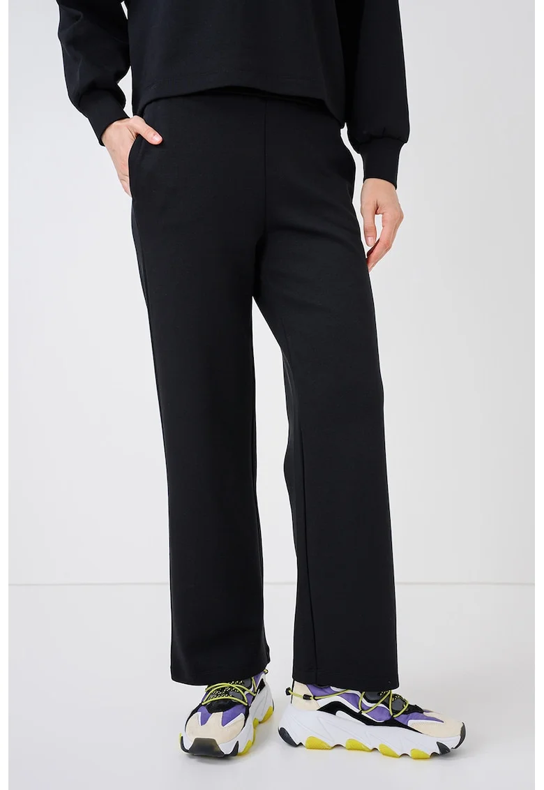 Pantaloni din amestec de bumbac cu croiala dreapta si talie elastica, Negru