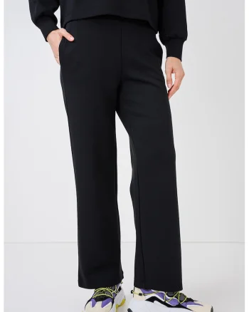 Pantaloni din amestec de bumbac cu croiala dreapta si talie elastica, Negru