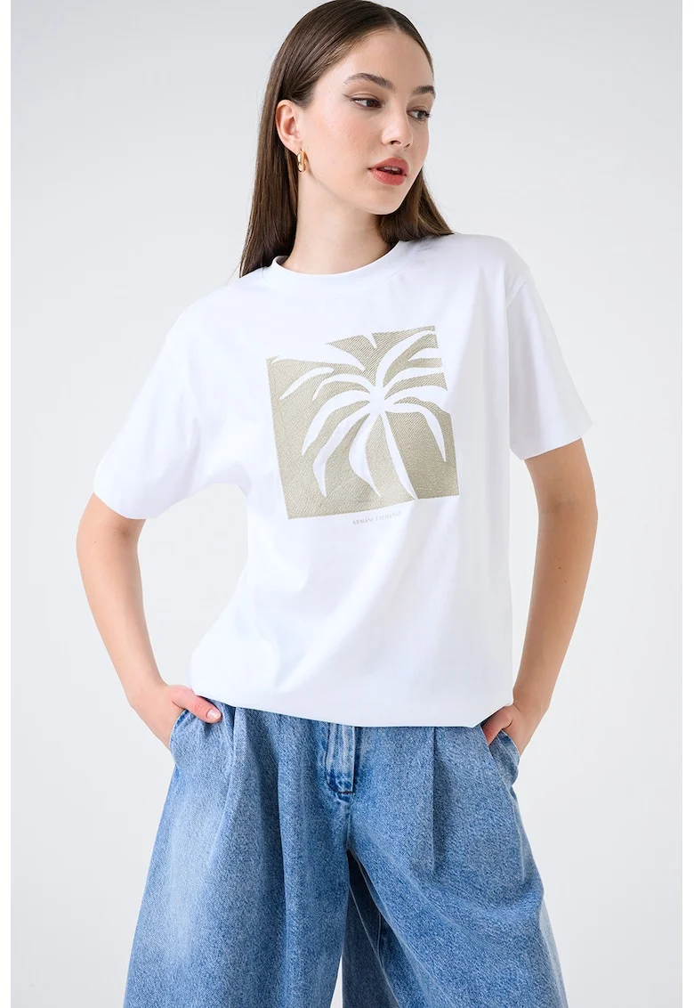 Tricou lejer din bumbac cu imprimeu tropical, Alb