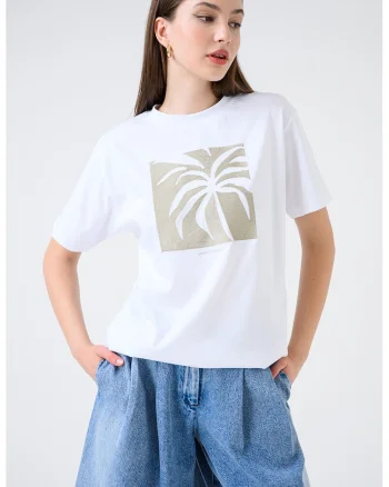 Tricou lejer din bumbac cu imprimeu tropical, Alb