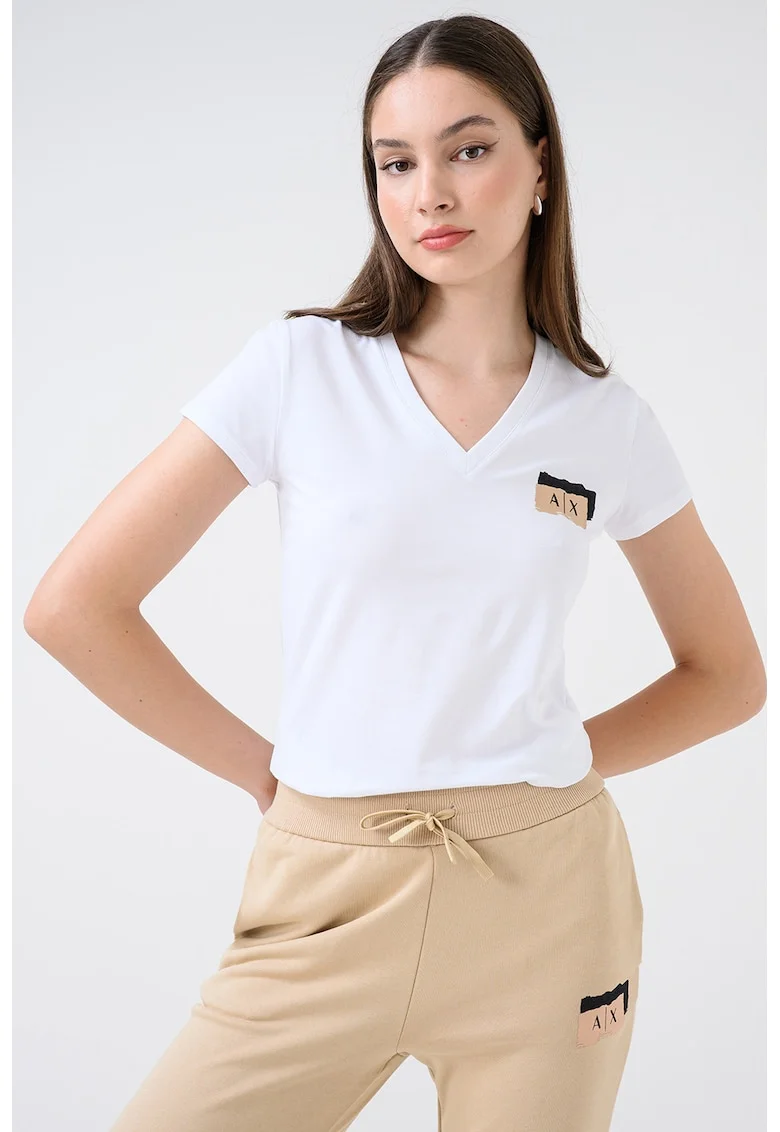 Tricou cu decolteu in V si logo, Alb