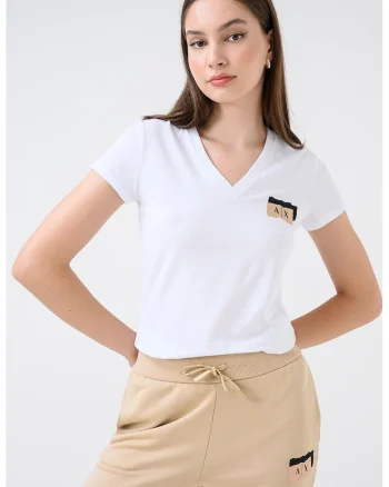 Tricou cu decolteu in V si logo, Alb