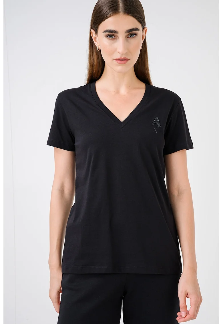 Tricou din bumbac cu decolteu in V, Negru
