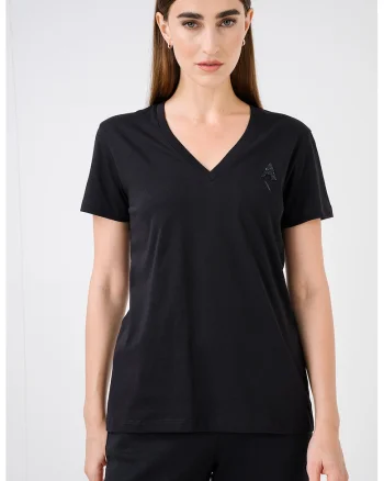 Tricou din bumbac cu decolteu in V, Negru