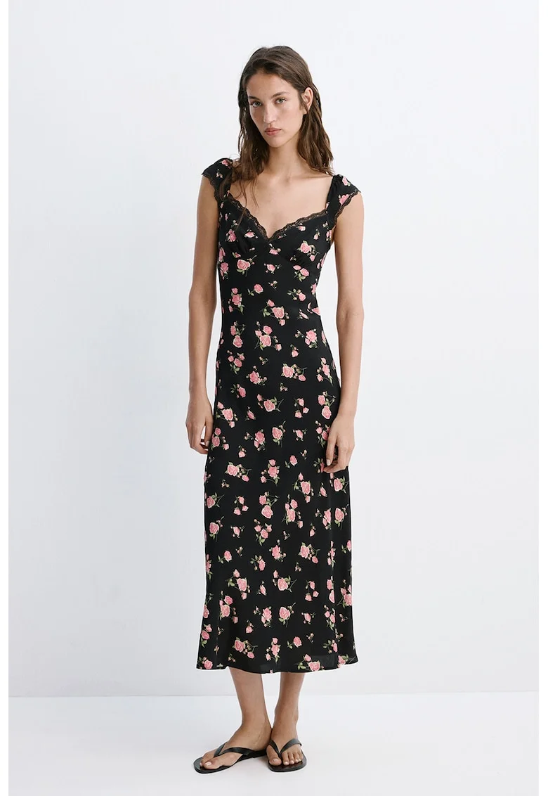 Rochie lunga si vaporoasa cu model floral, Negru/Roz