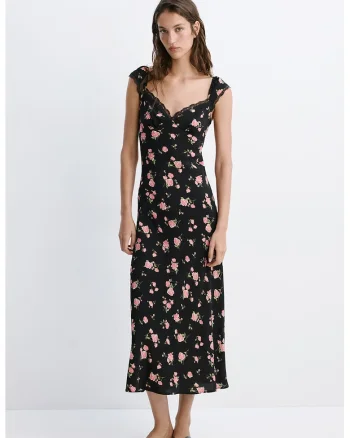 Rochie lunga si vaporoasa cu model floral, Negru/Roz
