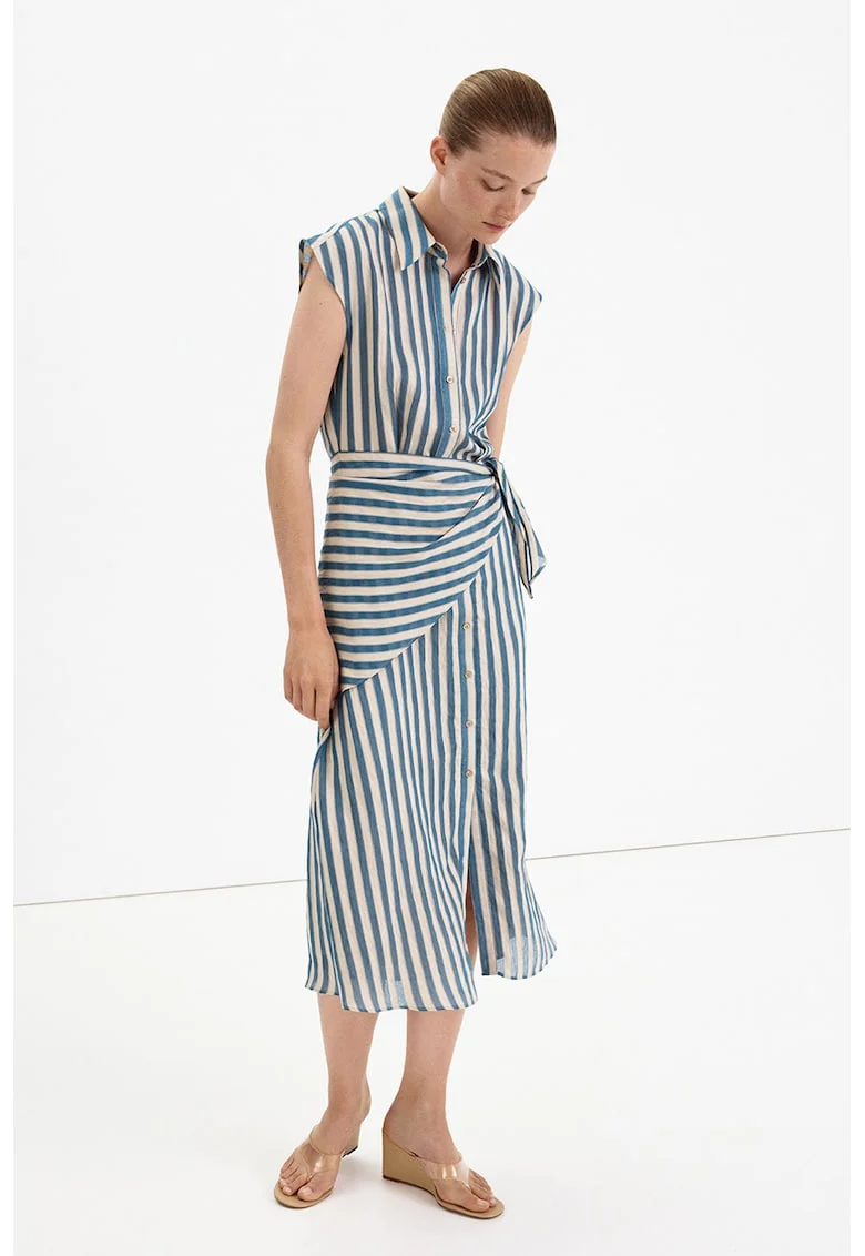Rochie cu nasturi si dungi, Alb fildes/Albastru oceanic