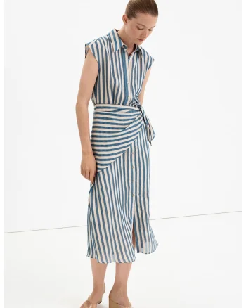 Rochie cu nasturi si dungi, Alb fildes/Albastru oceanic