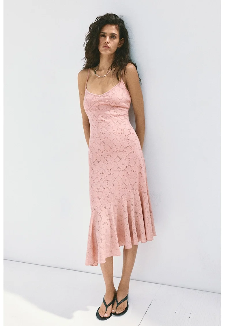 Rochie din dantela cu volan asimetric, Nude rose