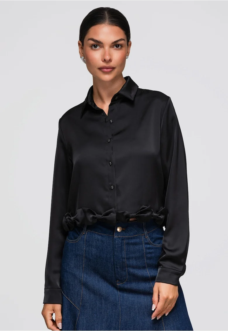 Camasa dama scurta cu guler clasic si mansete, fit lejer, OW-SH-E0059, Negru