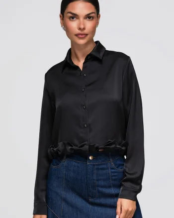 Camasa dama scurta cu guler clasic si mansete, fit lejer, OW-SH-E0059, Negru