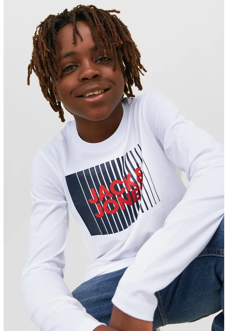 Bluza de bumbac organic cu imprimeu logo, Rosu/Alb optic/Bleumarin