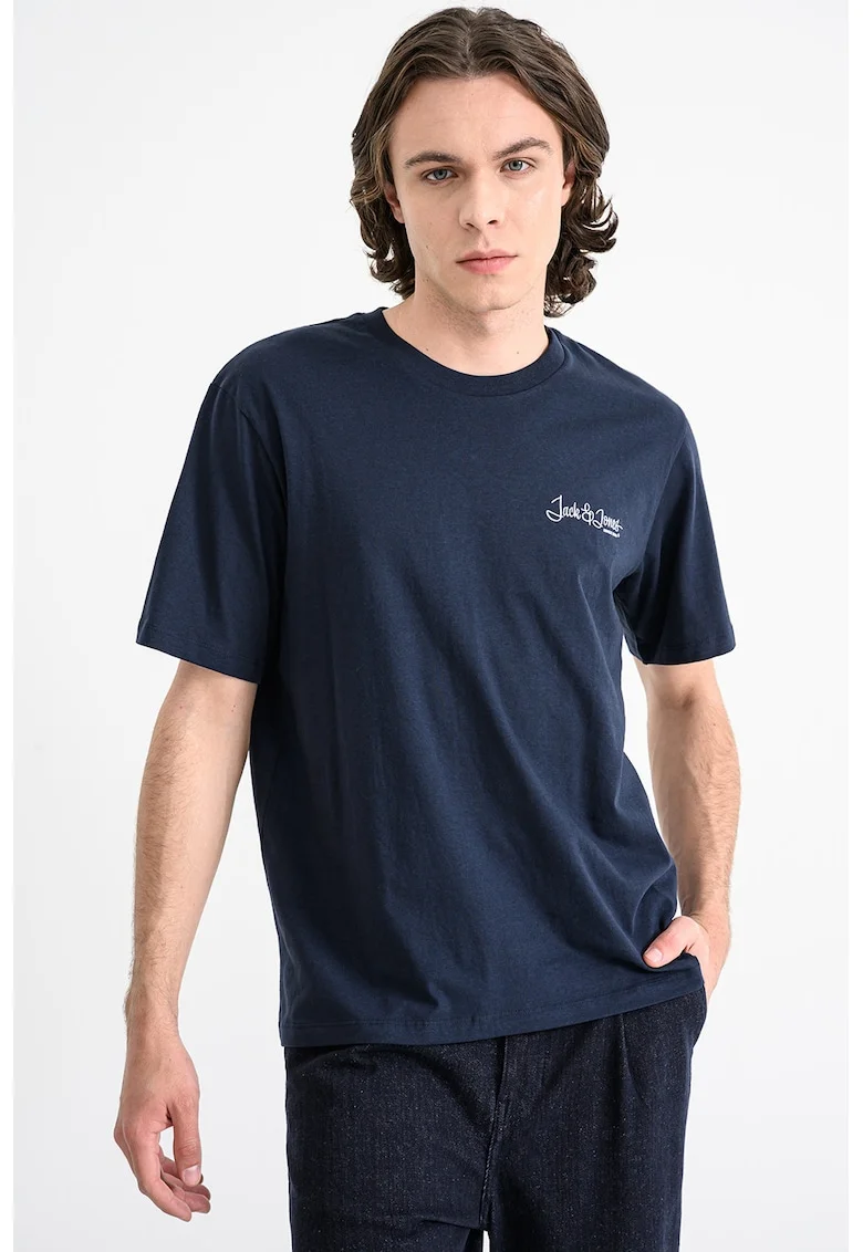 Tricou din bumbac cu decolteu la baza gatului Yuki, Alb/Bleumarin