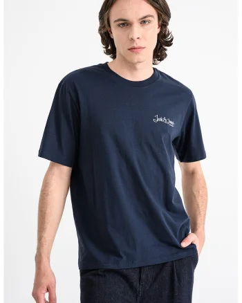 Tricou din bumbac cu decolteu la baza gatului Yuki, Alb/Bleumarin