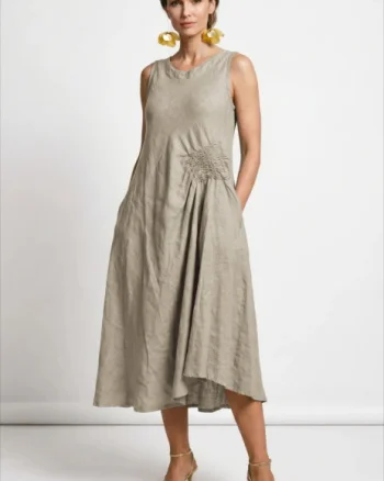 Rochie midi, asimetrica, din in, cu croiala ampla A-line si detaliu drapat, bej