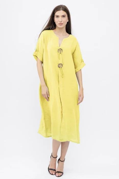 Rochie oversize din in, cu nasturi pe piept, galben pai