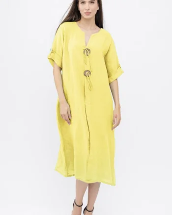 Rochie oversize din in, cu nasturi pe piept, galben pai