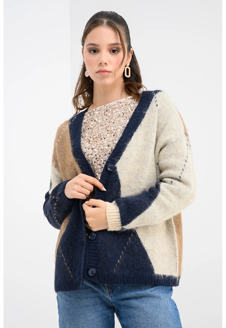 Cardigan lejer din amestec de lana cu model geometric, Multicolor