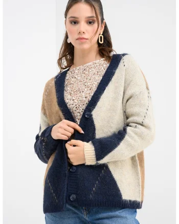 Cardigan lejer din amestec de lana cu model geometric, Multicolor