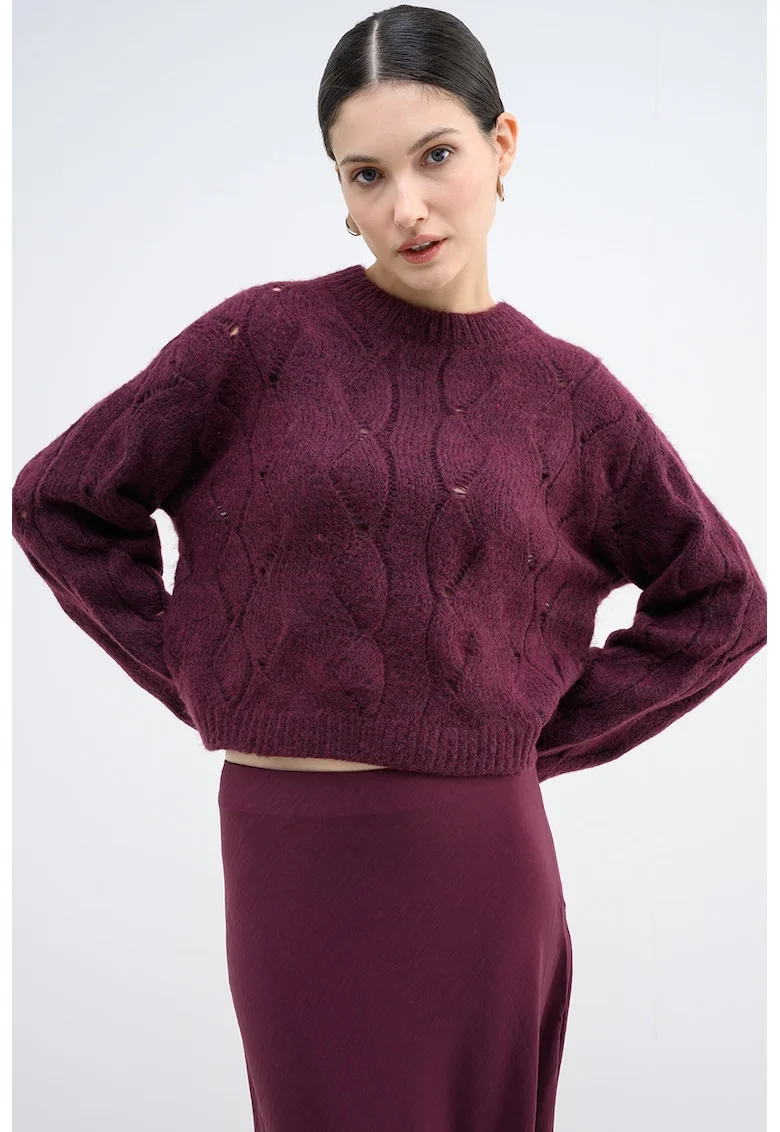 Pulover cu decolteu la baza gatului si perforatii, Violet melange